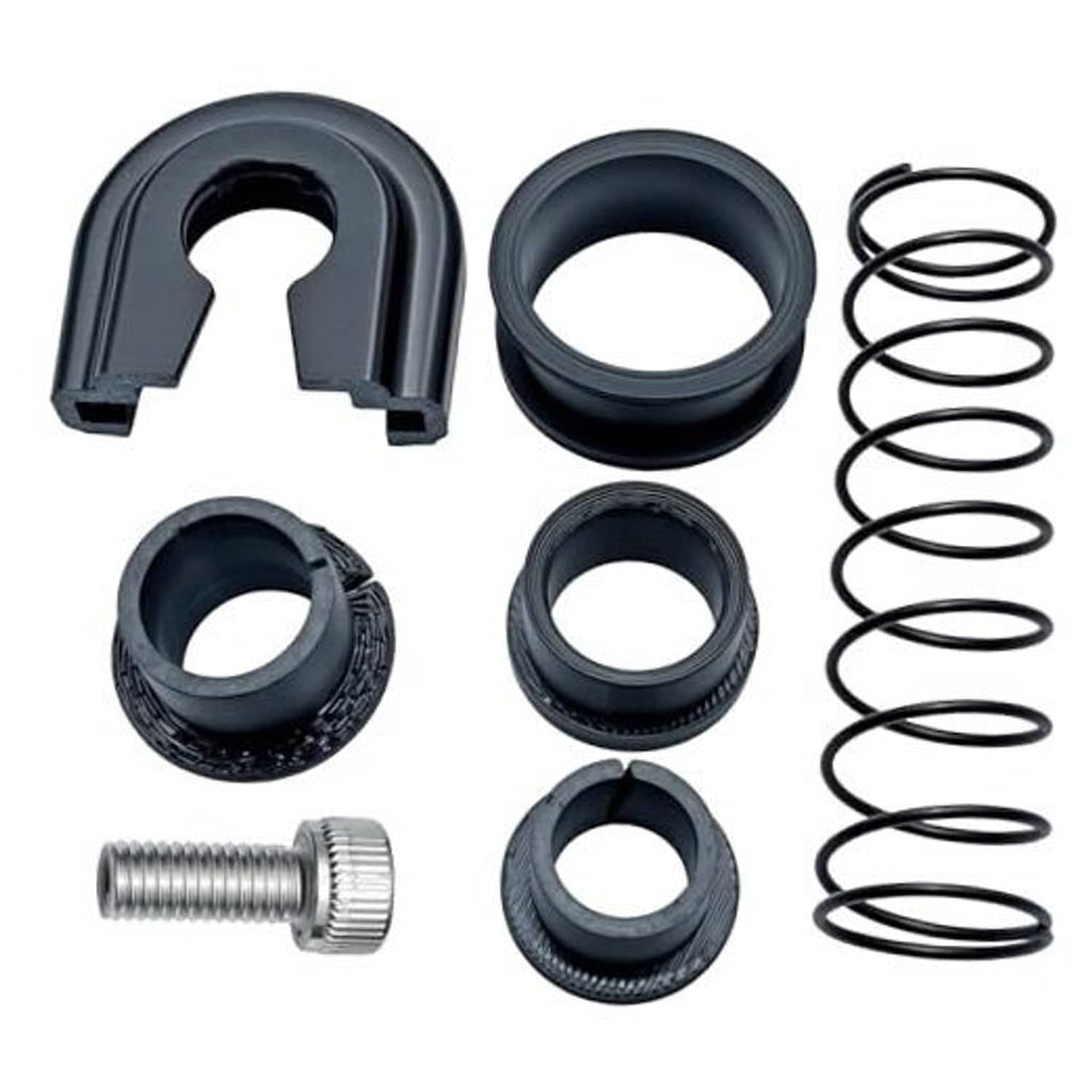 Gearbox repair kit parts: black lever bushing, rubber rings, coiled spring, threaded pin