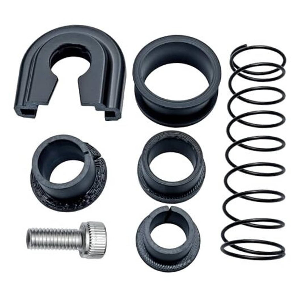 Gearbox repair kit parts: black lever bushing, rubber rings, coiled spring, threaded pin