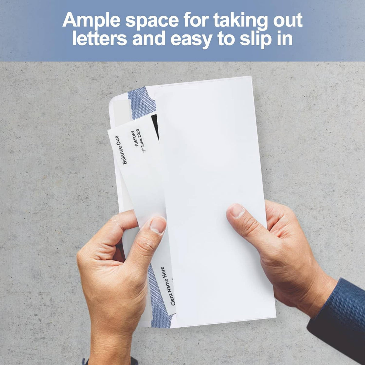 Set of self-seal envelopes with blue privacy window panels, ready for mailing