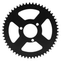 Black steel sprocket gear with five cutout spokes, outer teeth, and three bolt holes