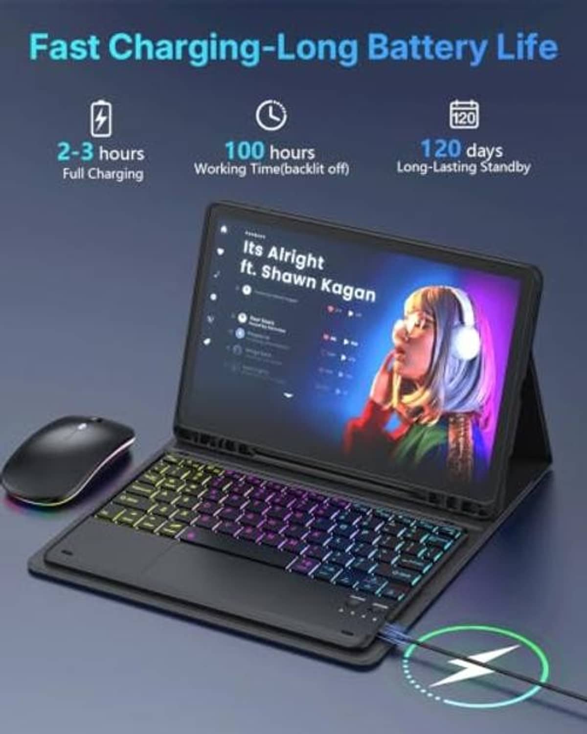Keyboard case with rainbow backlit keys, charging and long-battery icons shown