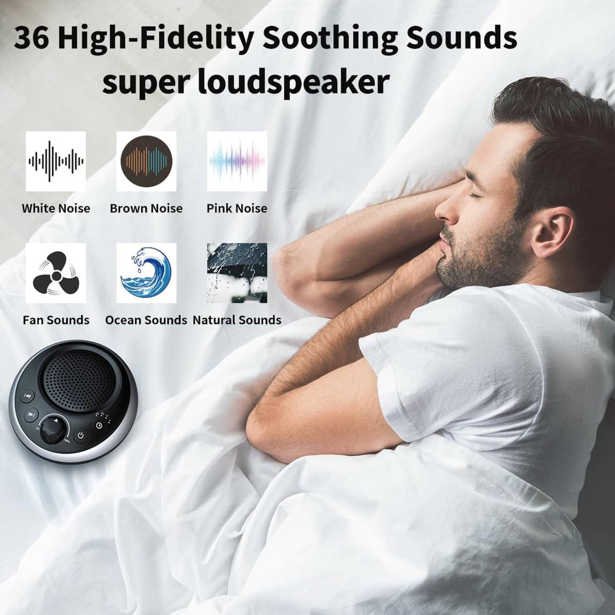 White noise sound machine with top speaker grille and side control panel, black body