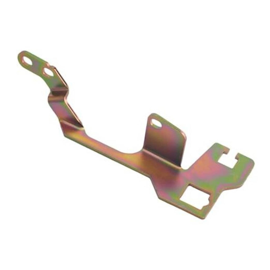 Iridescent throttle cable bracket with two oval mounting holes and formed metal arms