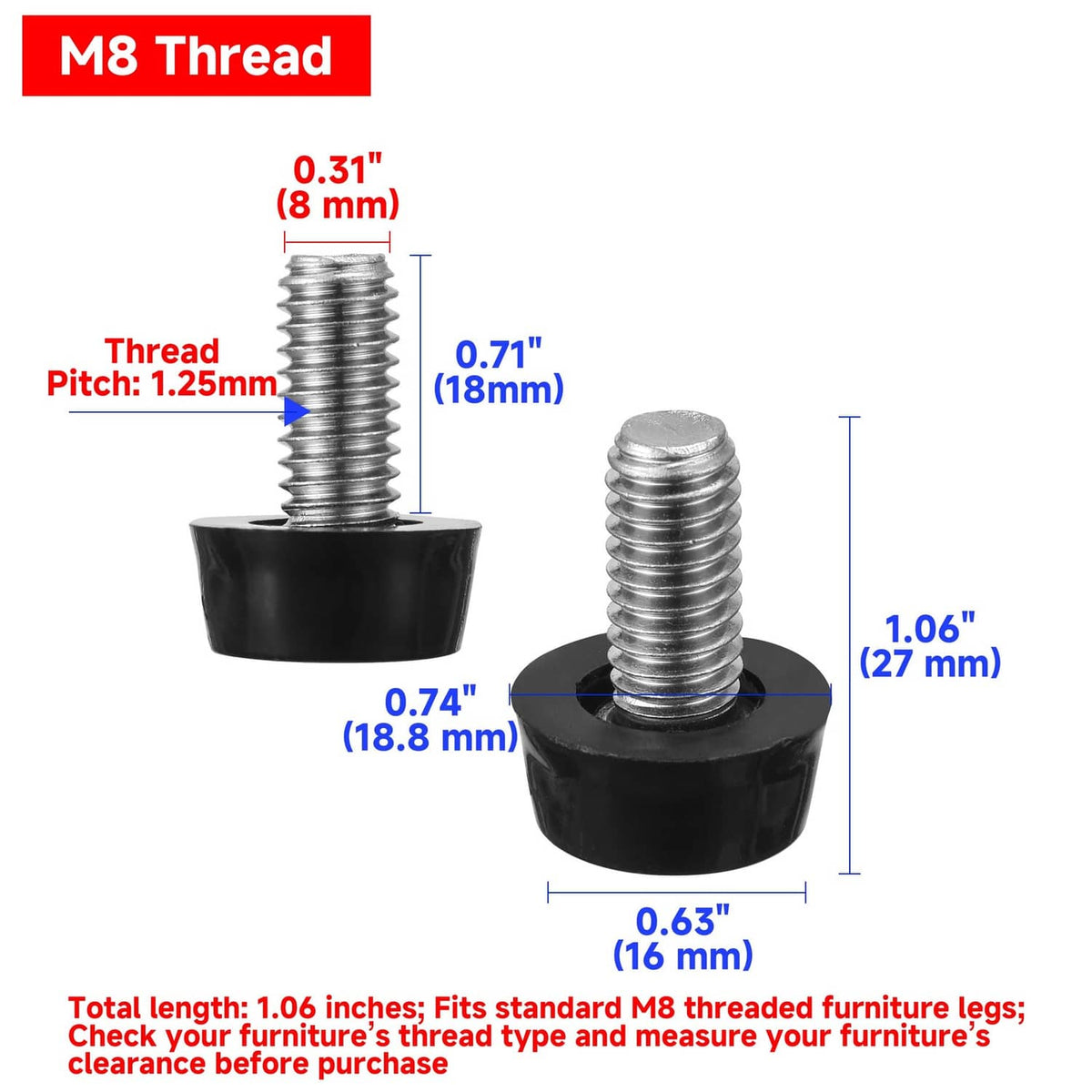 Black M8 thread screw-in leveler base with pitch and overall length measurements
