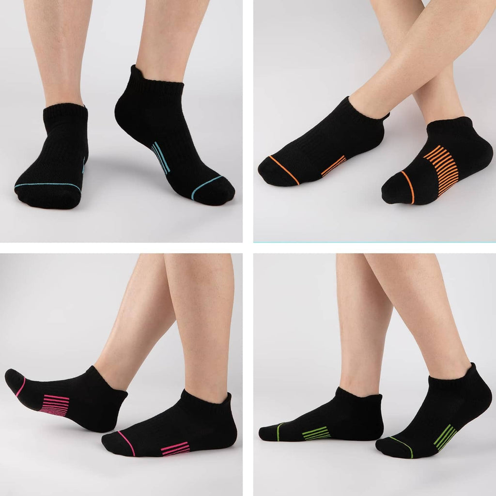 Black ankle socks with bright stripe designs, worn with low shoes