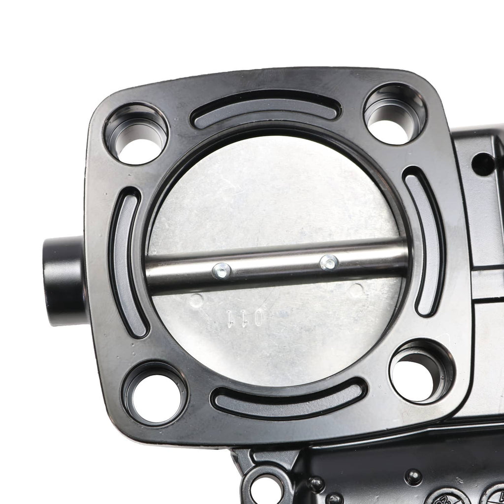 Throttle body front plate with round opening and metal shaft linkage