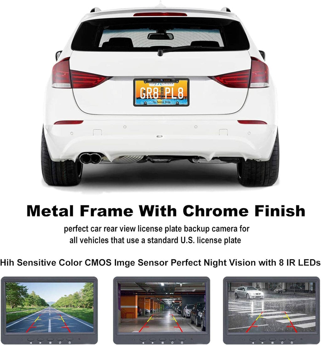 Rear license plate backup camera frame with chrome-finish surround