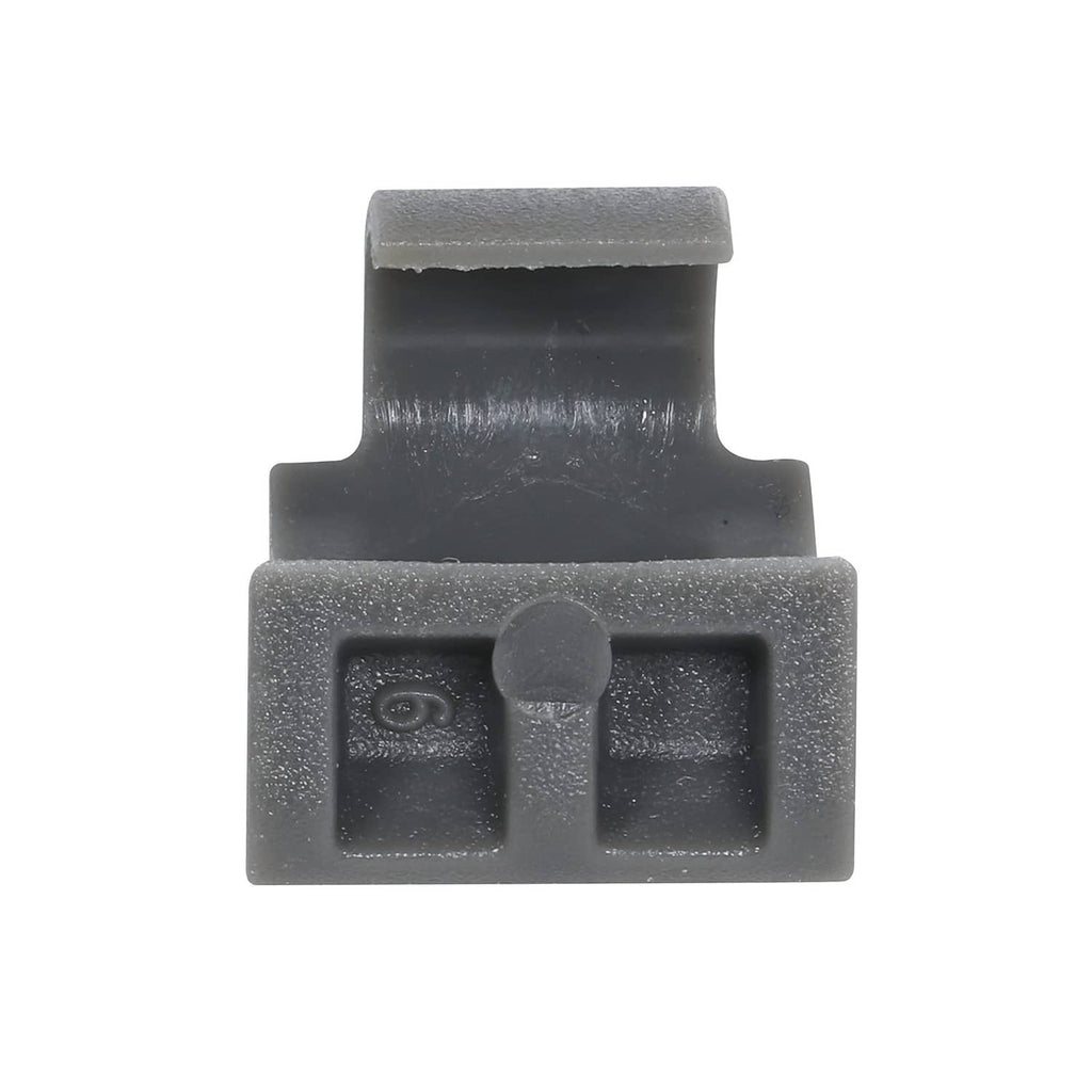 Dark grey DTC angle restriction clip with central stud and two side notches, front view.