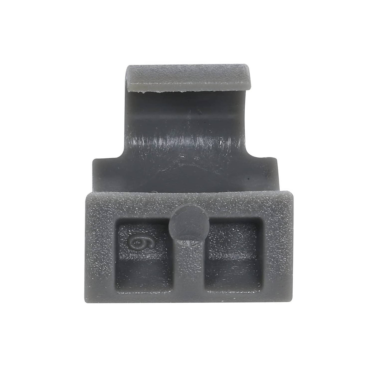Dark grey DTC angle restriction clip with central stud and two side notches, front view.