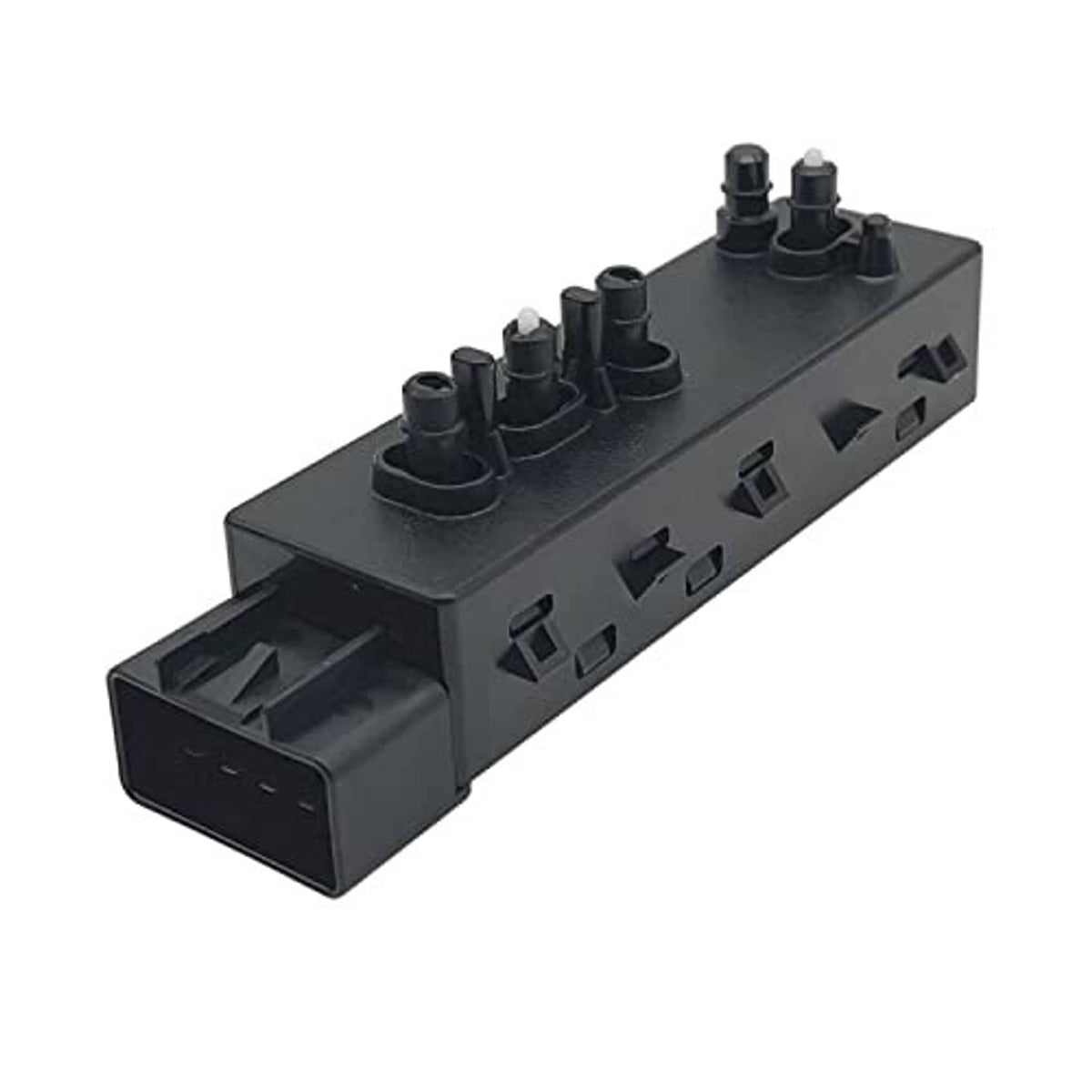 Power seat control switch module with button openings and rocker switches, dark gray