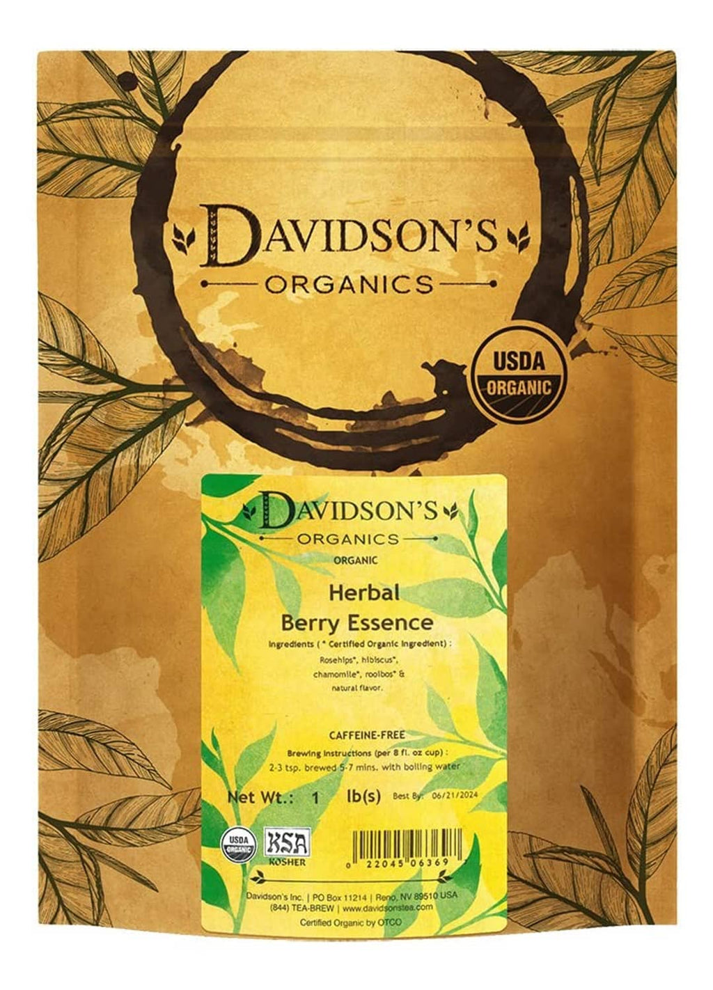 Herbal berry essence loose leaf organic tea pouch, 1 lb bag with branding and label
