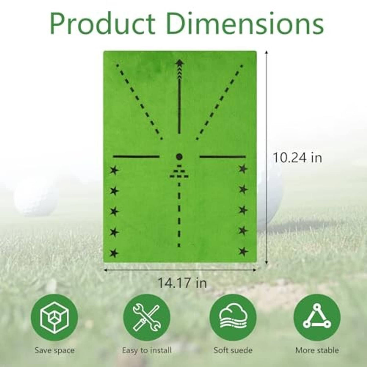 Rectangular golf hitting mat with green surface, black outline, and central swing path markings
