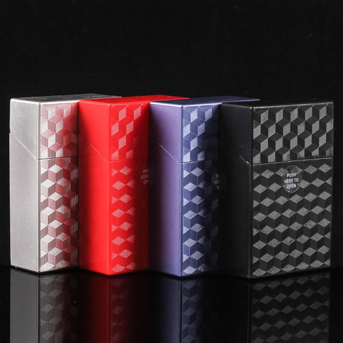 Set of cube-textured king-size cigarette cases in silver, blue, red, and black