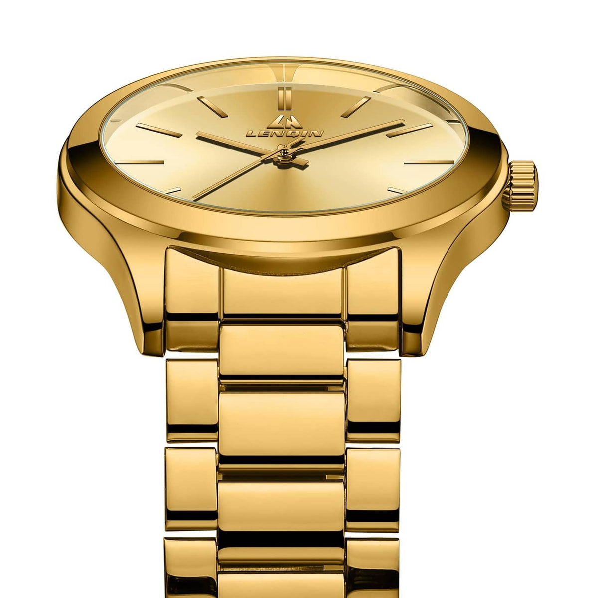 Gold stainless steel men’s wristwatch face view with hour markers and link band