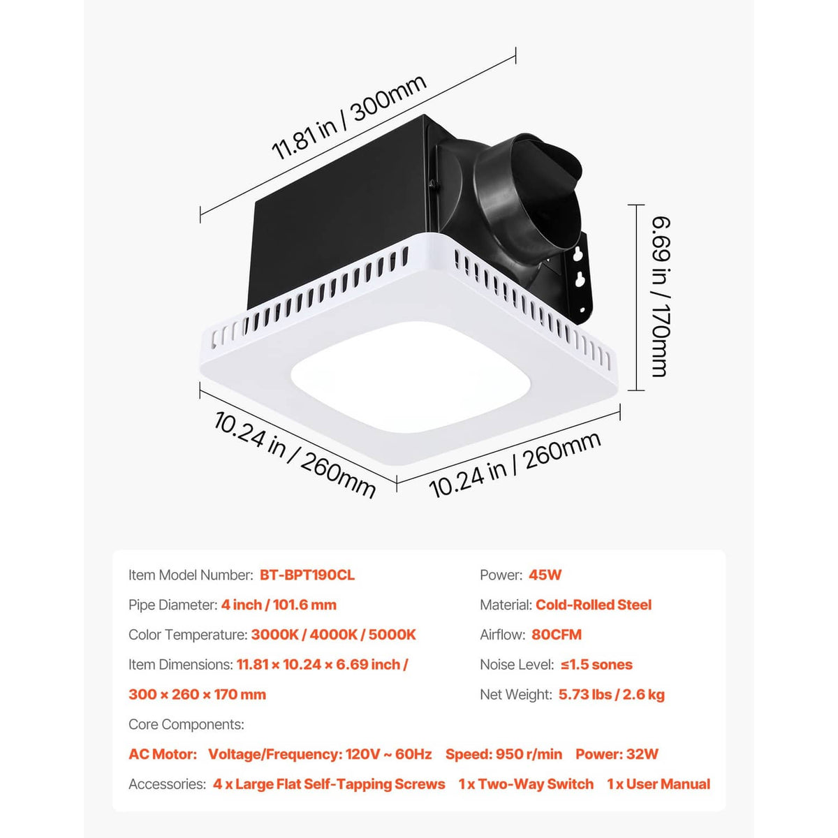 Ceiling vent fan with LED light, black duct housing and white vent frame