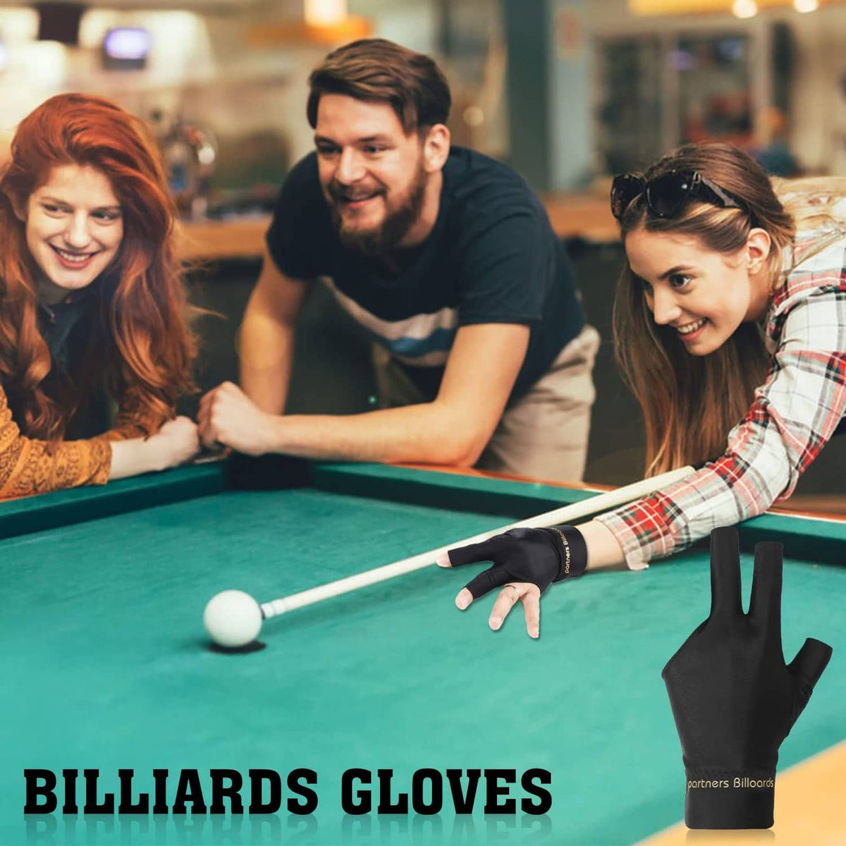 Black fingerless pool gloves worn while aiming on a billiards table