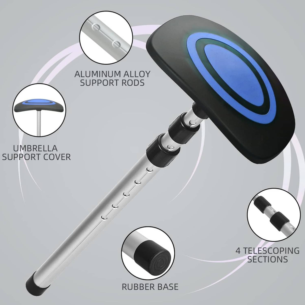 Golf umbrella club support system parts: aluminum rods, black rubber base, blue cover