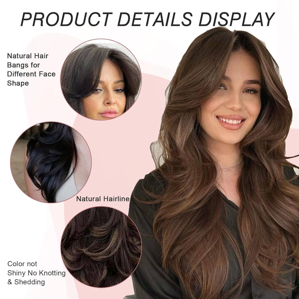 Long wavy brown wig with curtain bangs, natural volume and layered texture