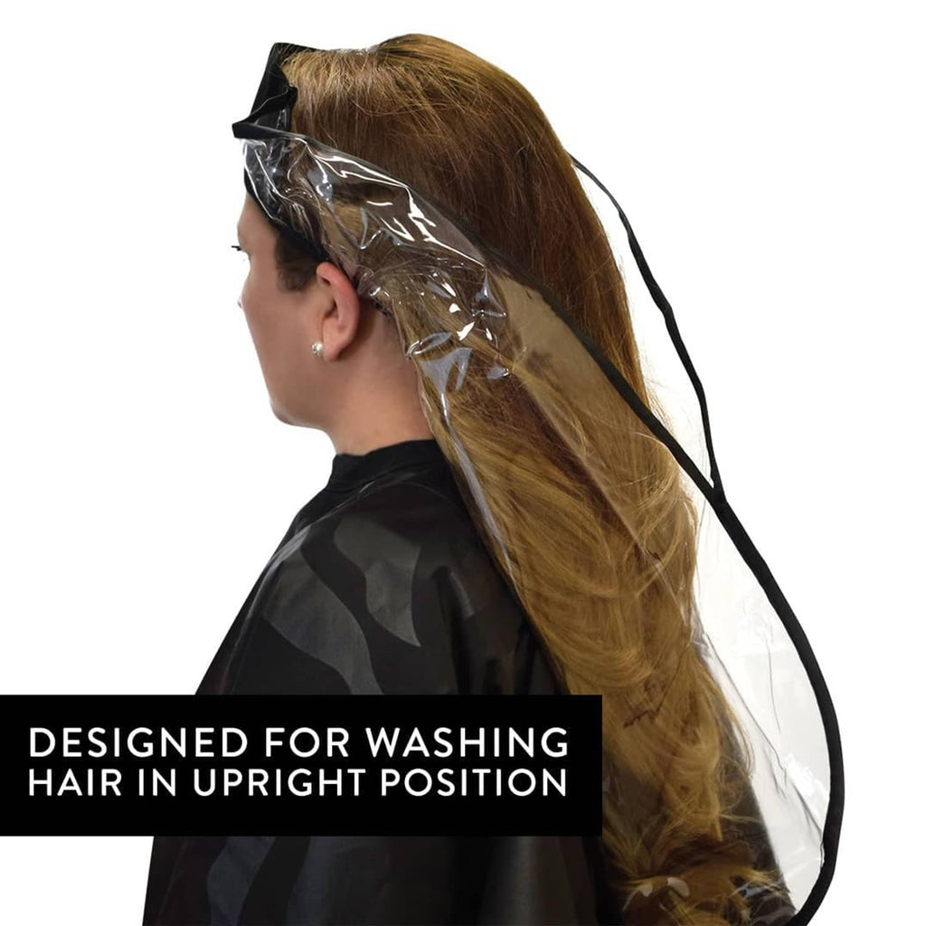 Hair funnel with black headband and clear plastic visor over blonde hair