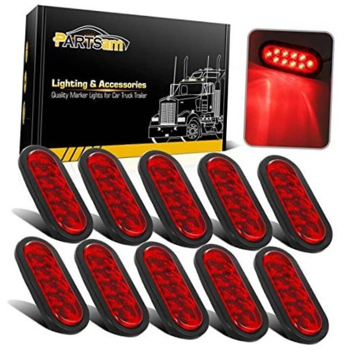 Oval LED trailer tail light set with red lenses and black housings