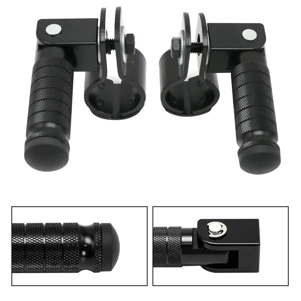 Black motorcycle foot rest pair with textured grips and pivoting mounting brackets