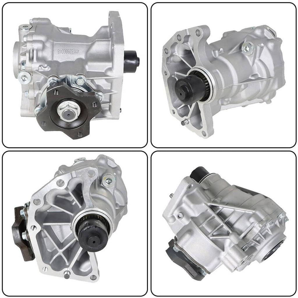 Transfer case assembly in four views: front cover, side port, end shaft, and gearbox