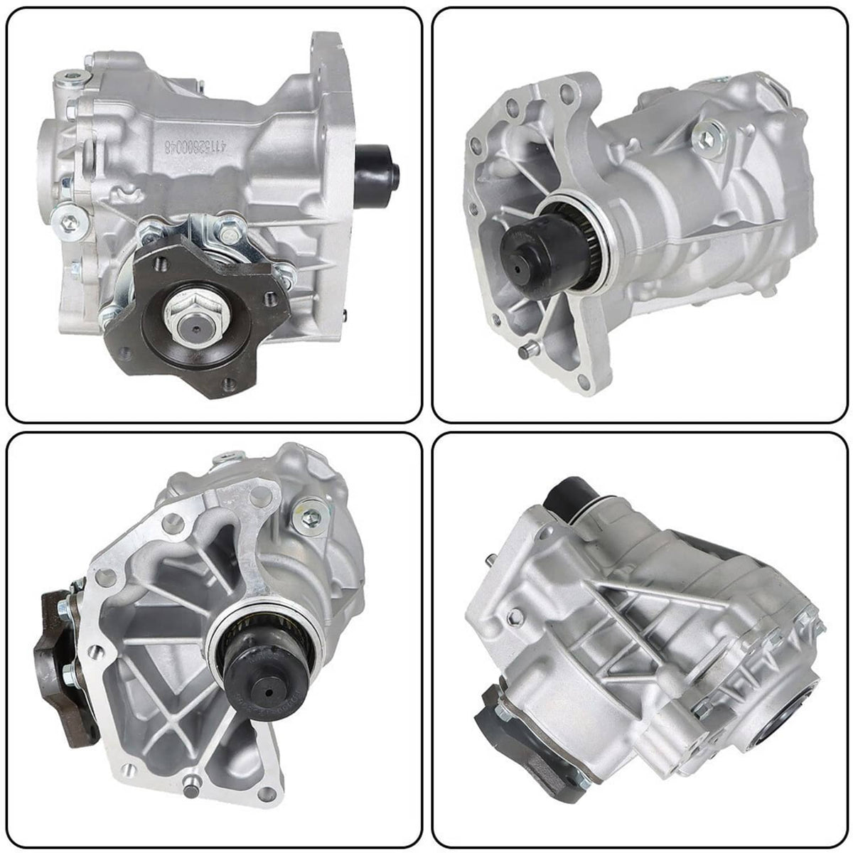 Transfer case assembly in four views: front cover, side port, end shaft, and gearbox