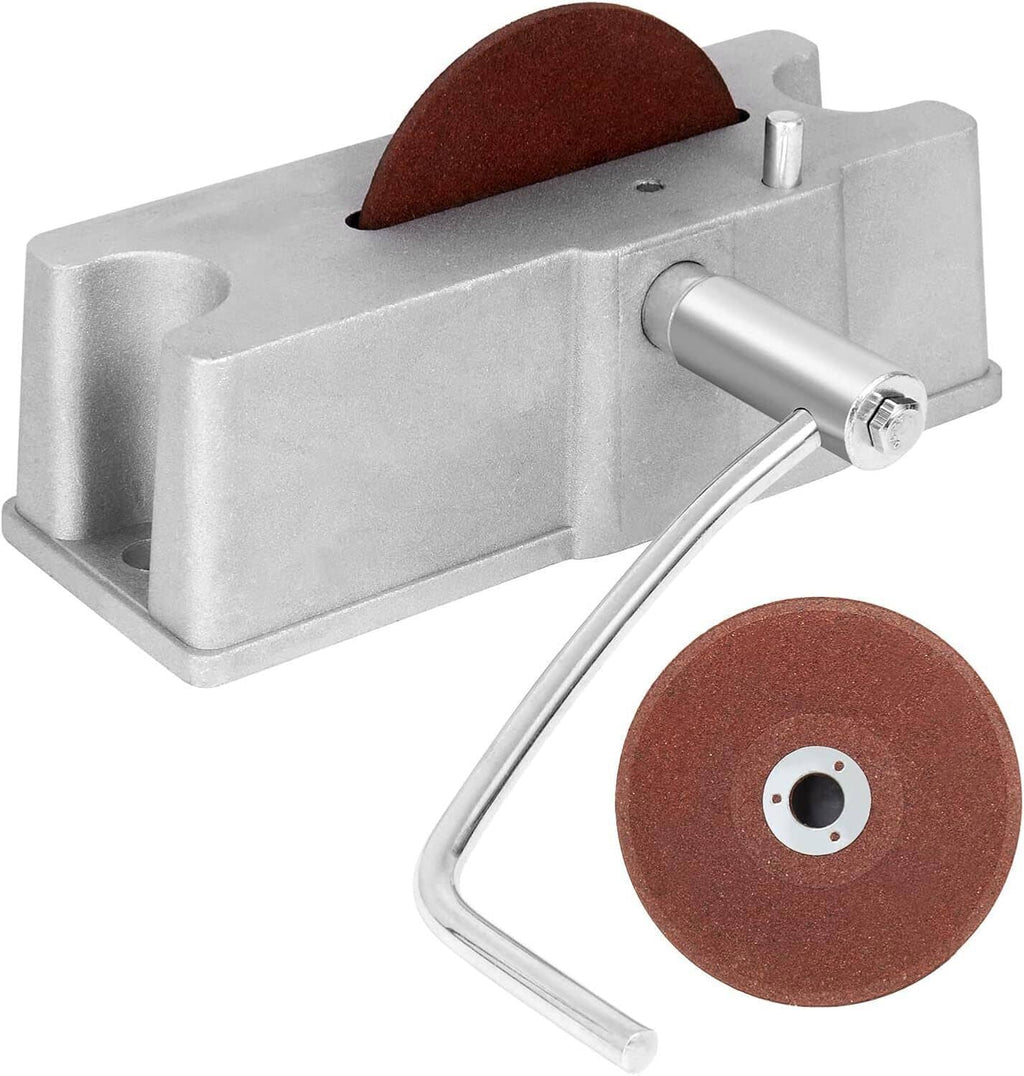 Piston ring grinding filer with aluminum body, brown abrasive wheel, and silver handle bar