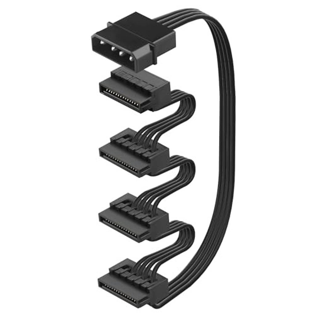 IDE Molex 4-pin male to four SATA 15-pin female connectors on black power cable