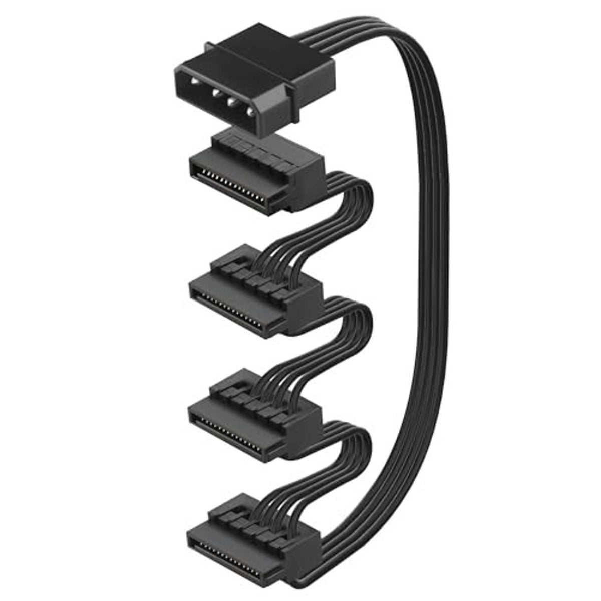 IDE Molex 4-pin male to four SATA 15-pin female connectors on black power cable
