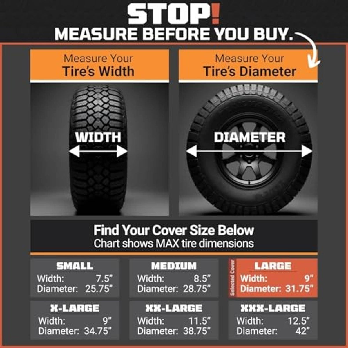 Tire cover sizing chart showing width and diameter measurements for large covers