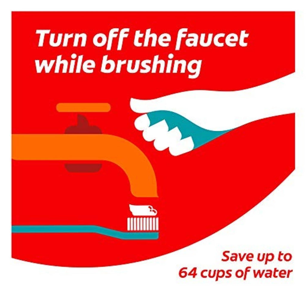Toothpaste promotional card with toothbrush icon, red background, and water-saving text.
