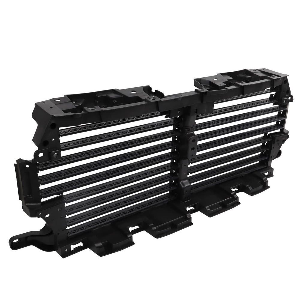Black upper radiator grille air shutter with horizontal slats and integrated support frame
