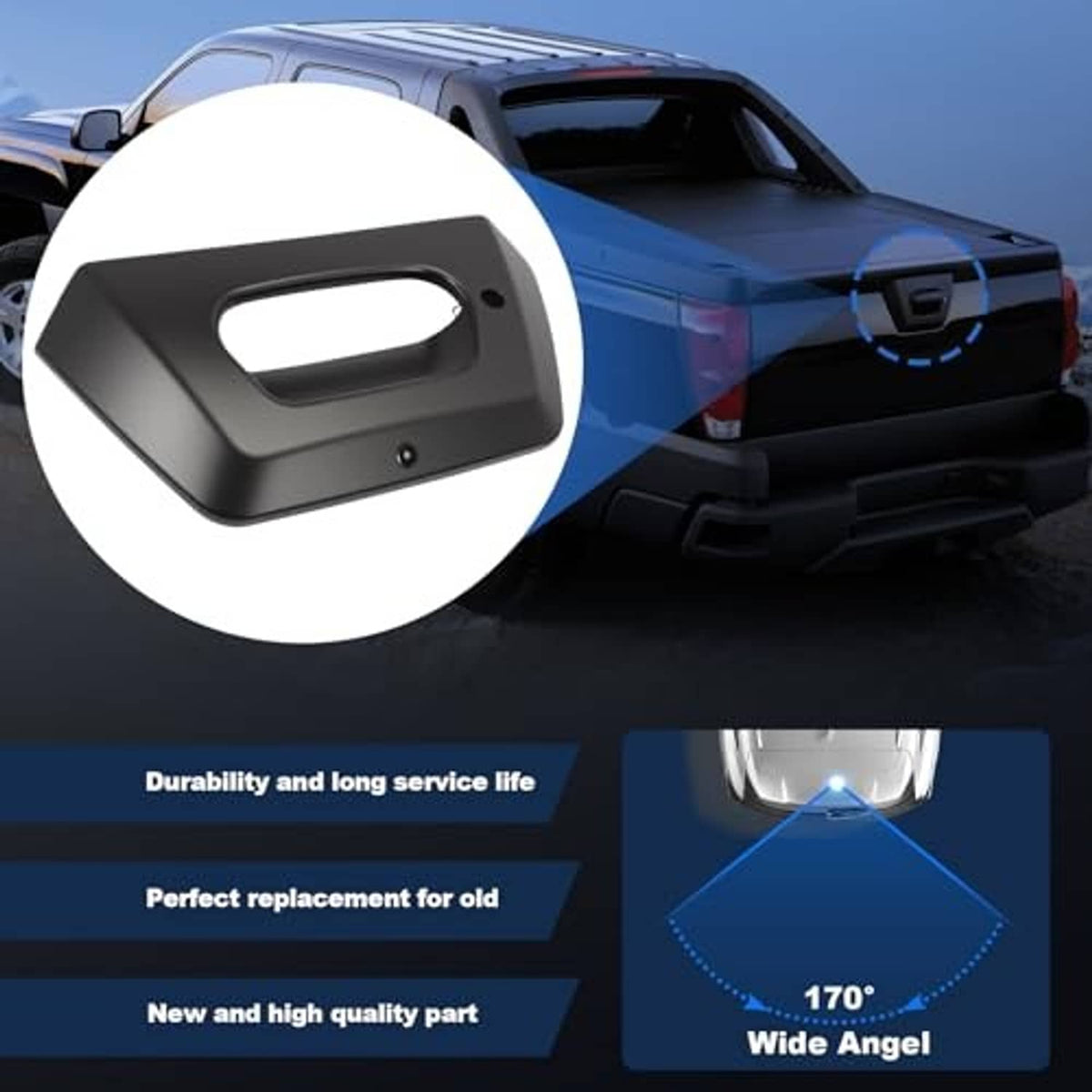 Matte black tailgate handle bezel trim with backup camera, side-view highlight