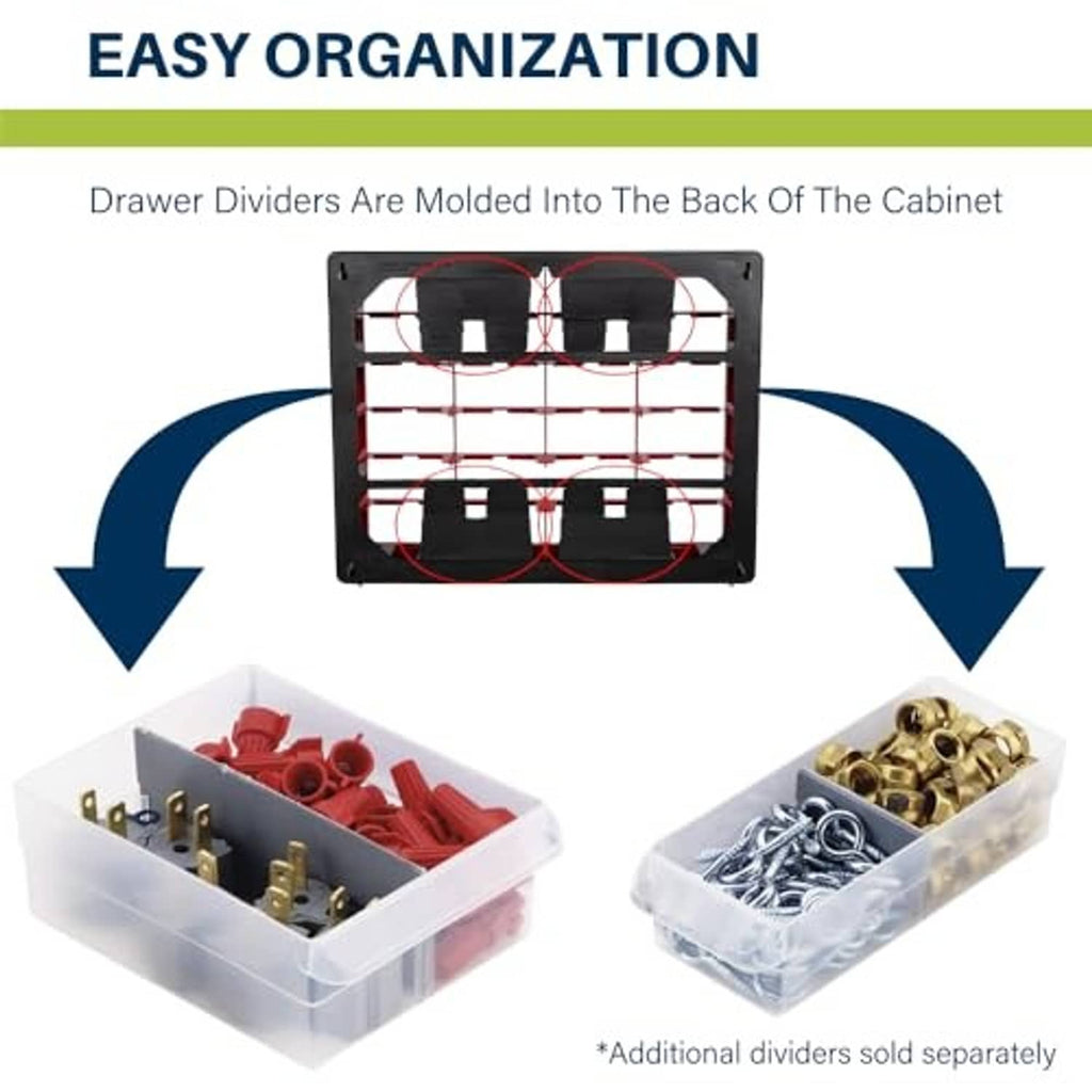 Plastic drawer cabinet with clear drawers and molded dividers, front view