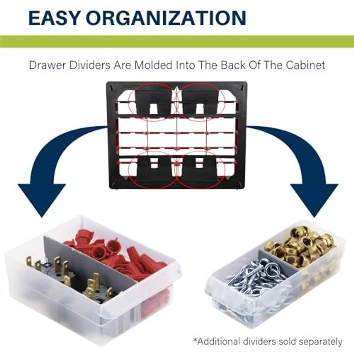 Plastic drawer cabinet with clear drawers and molded dividers, front view