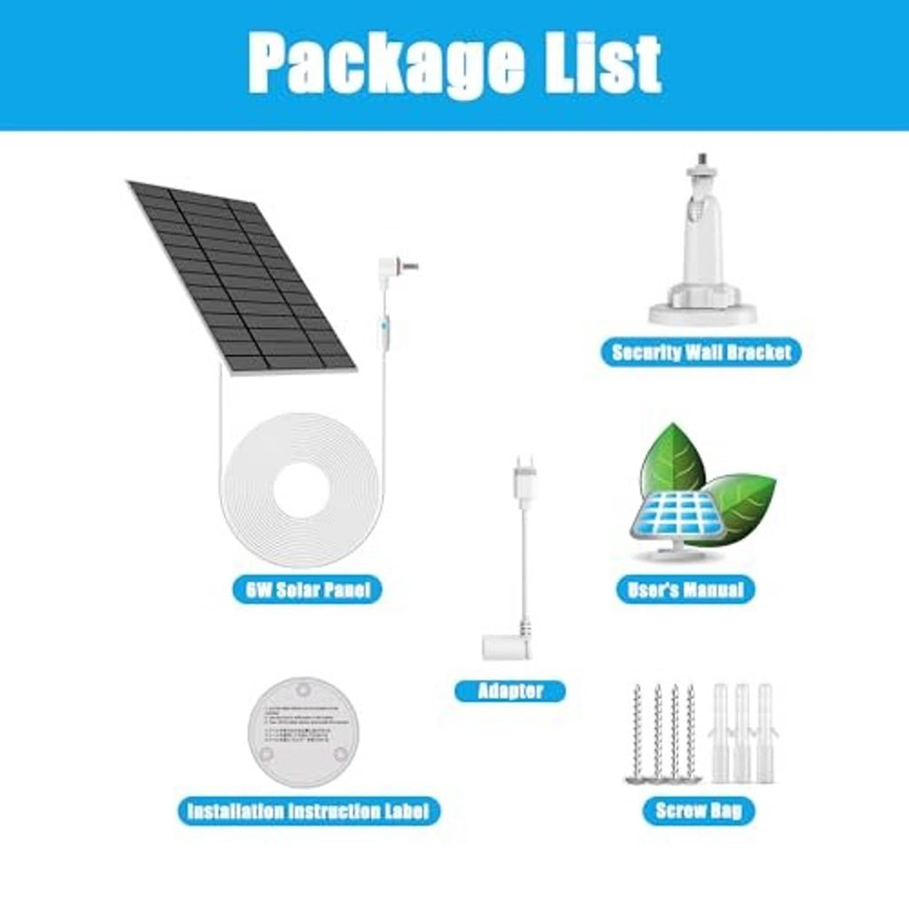 6W solar panel security camera accessory kit with mounting bracket, adapter, and screws