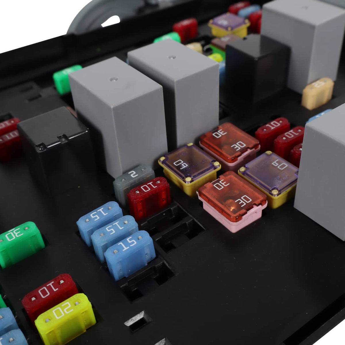 Automotive fuse relay junction block with colorful blade fuses and gray relay modules