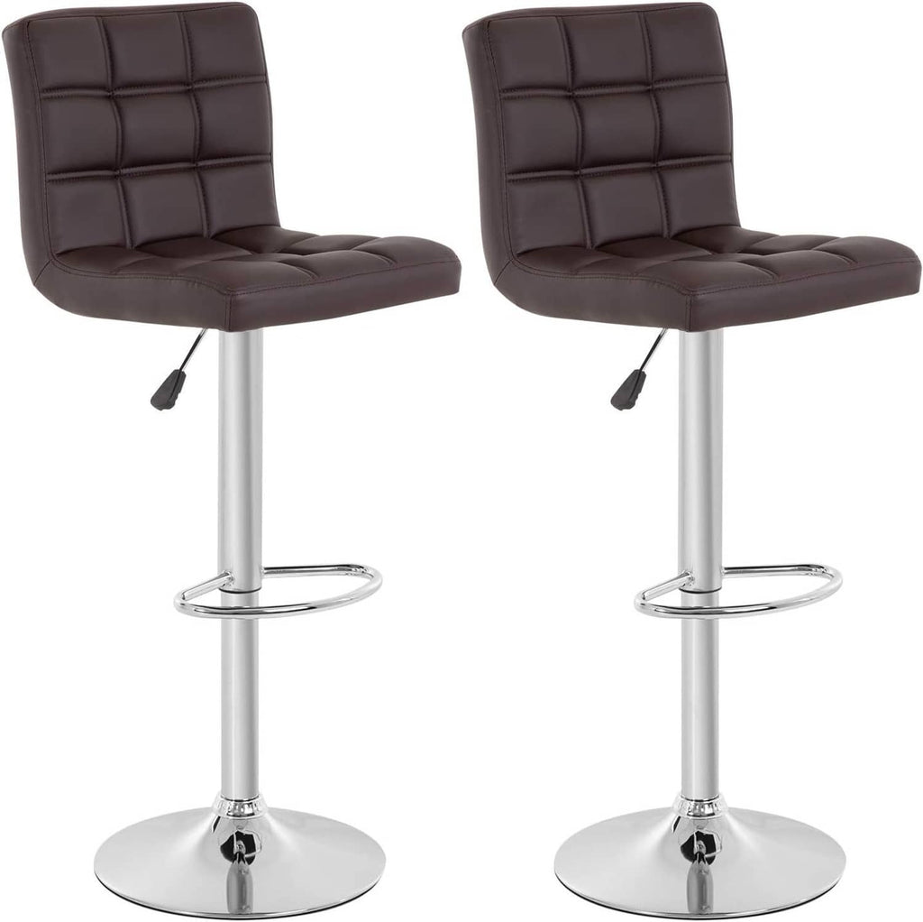 Set of 2 counter-height bar stools, dark brown tufted PU seats, chrome ring footrest bases