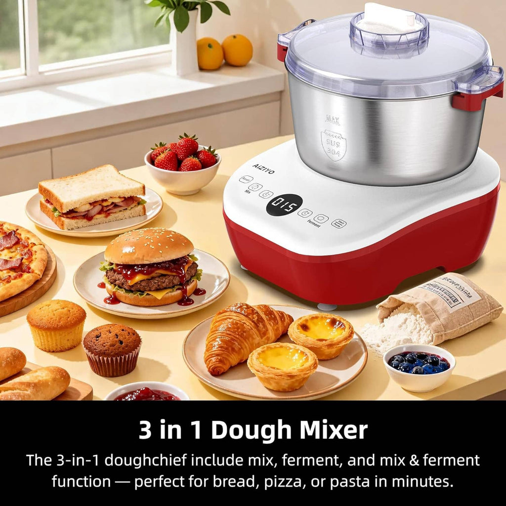 Red and white dough mixer on countertop with stainless bowl and clear lid