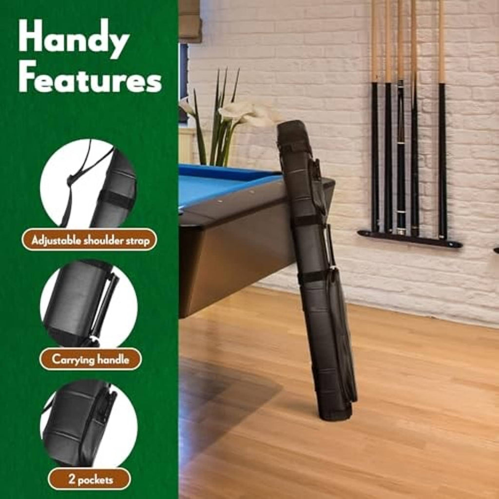 Black hard pool cue carrying case with carrying handle and adjustable shoulder strap