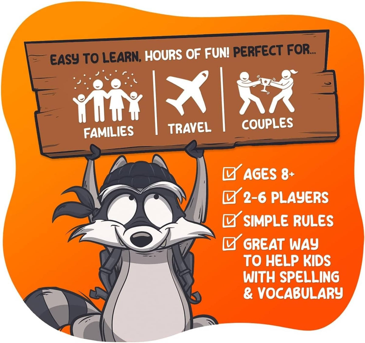 Shenanigrams word game box panel with raccoon graphic and game instructions