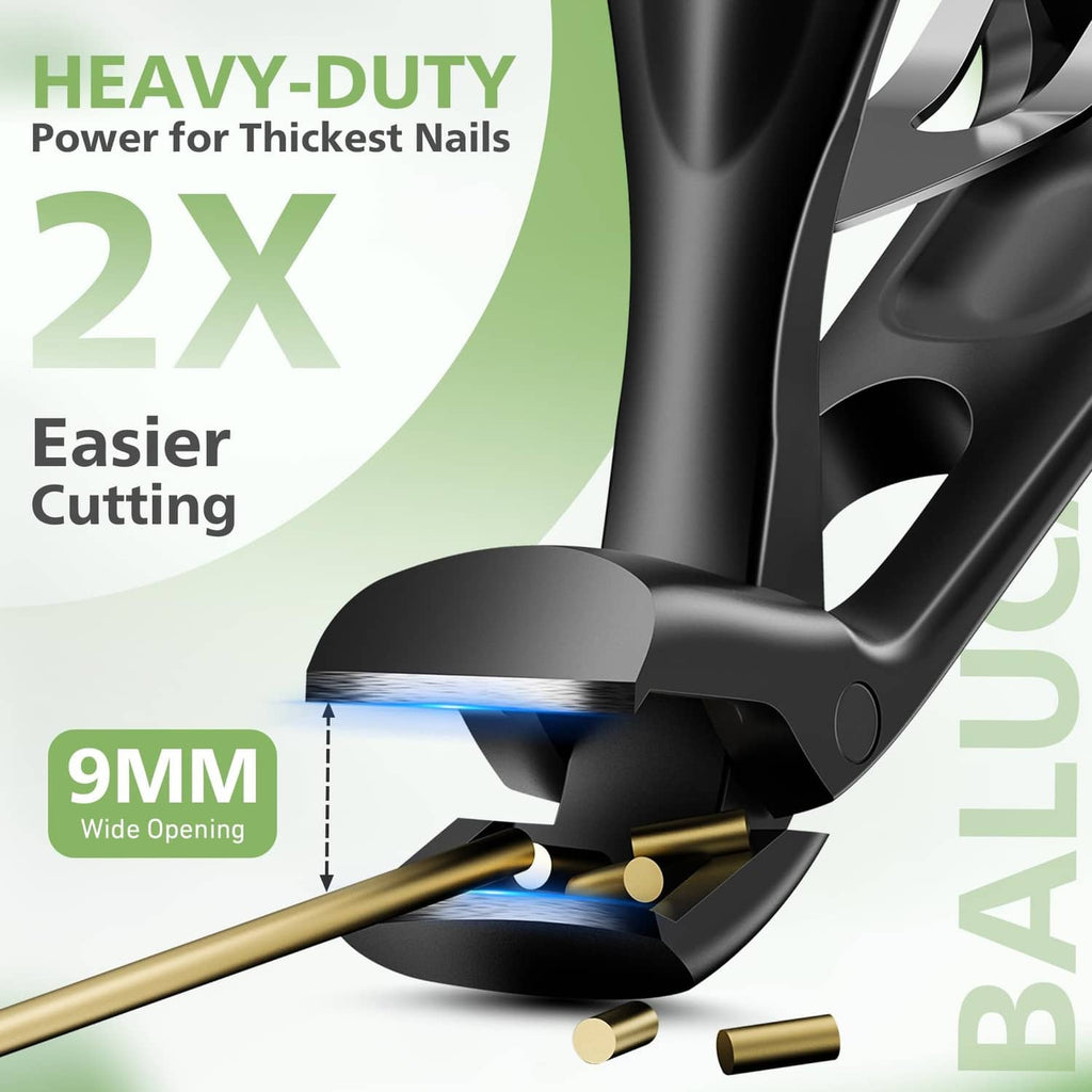 Black toenail clipper with wide jaw opening and angled cutting head