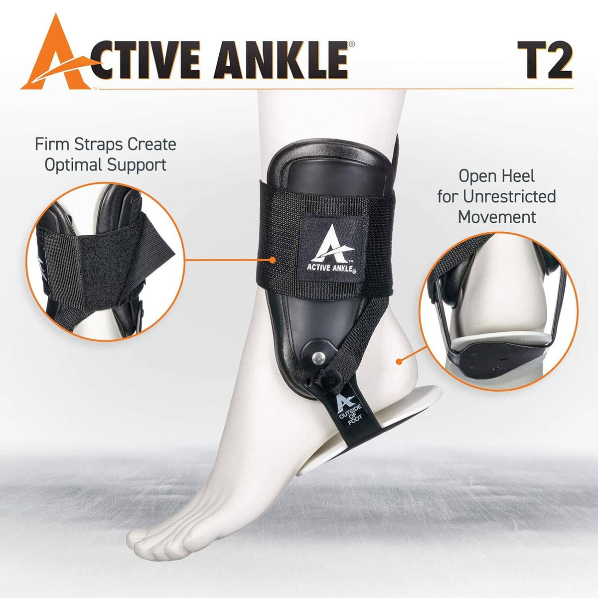 Active Ankle T2 ankle brace, black hinged support with open heel on foot