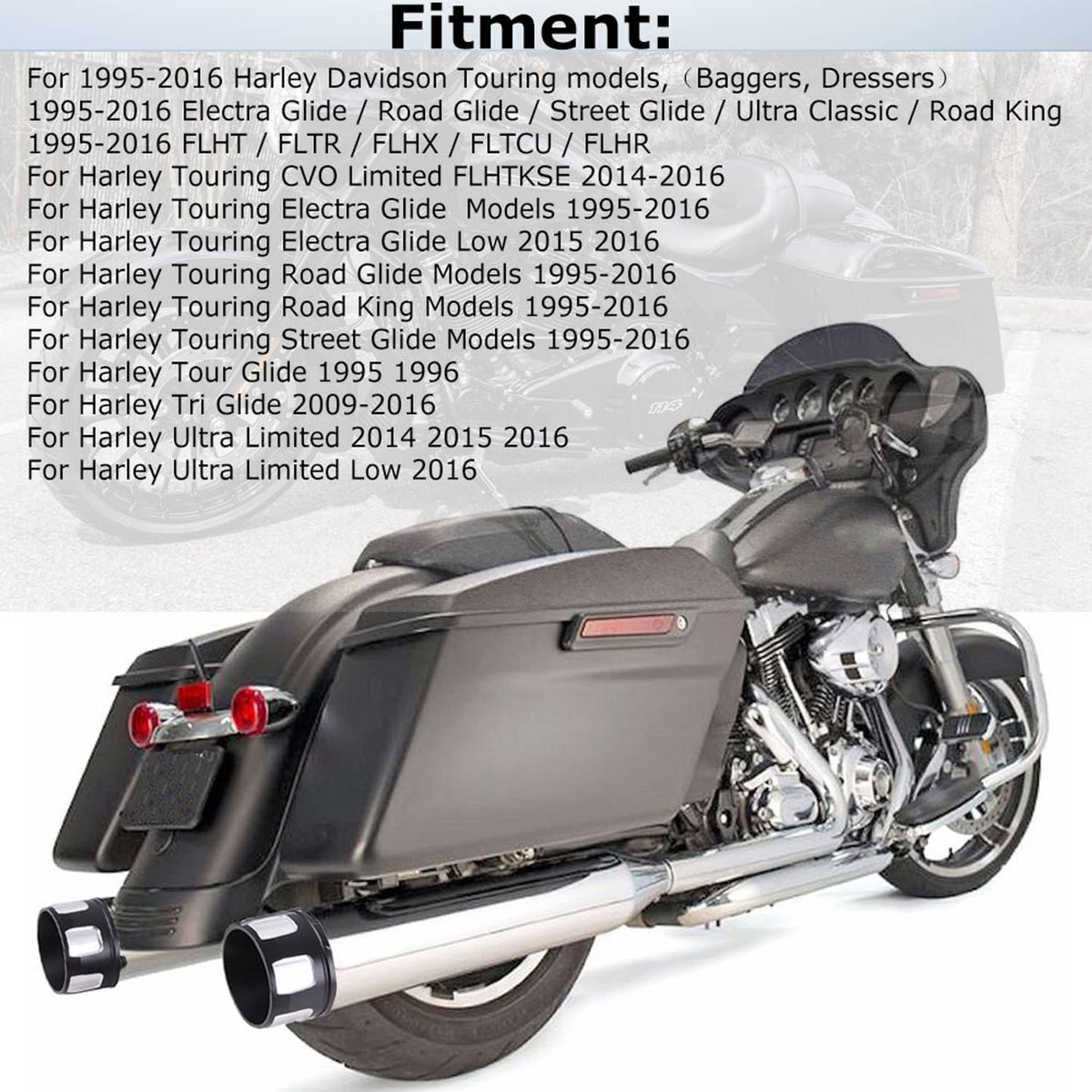 RivetOak Chrome Megaphone Slip-On Exhaust Pipes Mufflers For 1995-16 Harley Street Glide