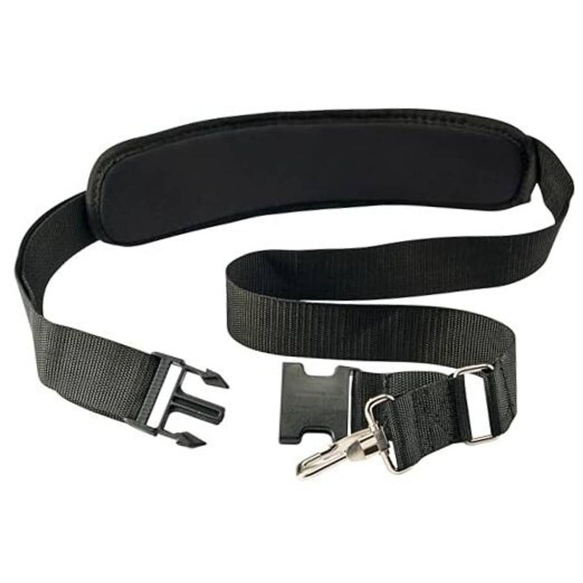Padded black shoulder strap with metal clips and buckles for string trimmer