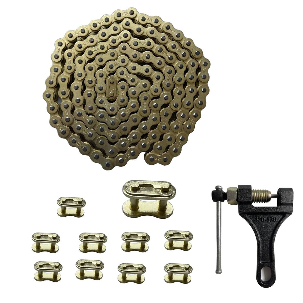 Gold motorcycle drive chain, 132 links, with chain breaker tool and master links