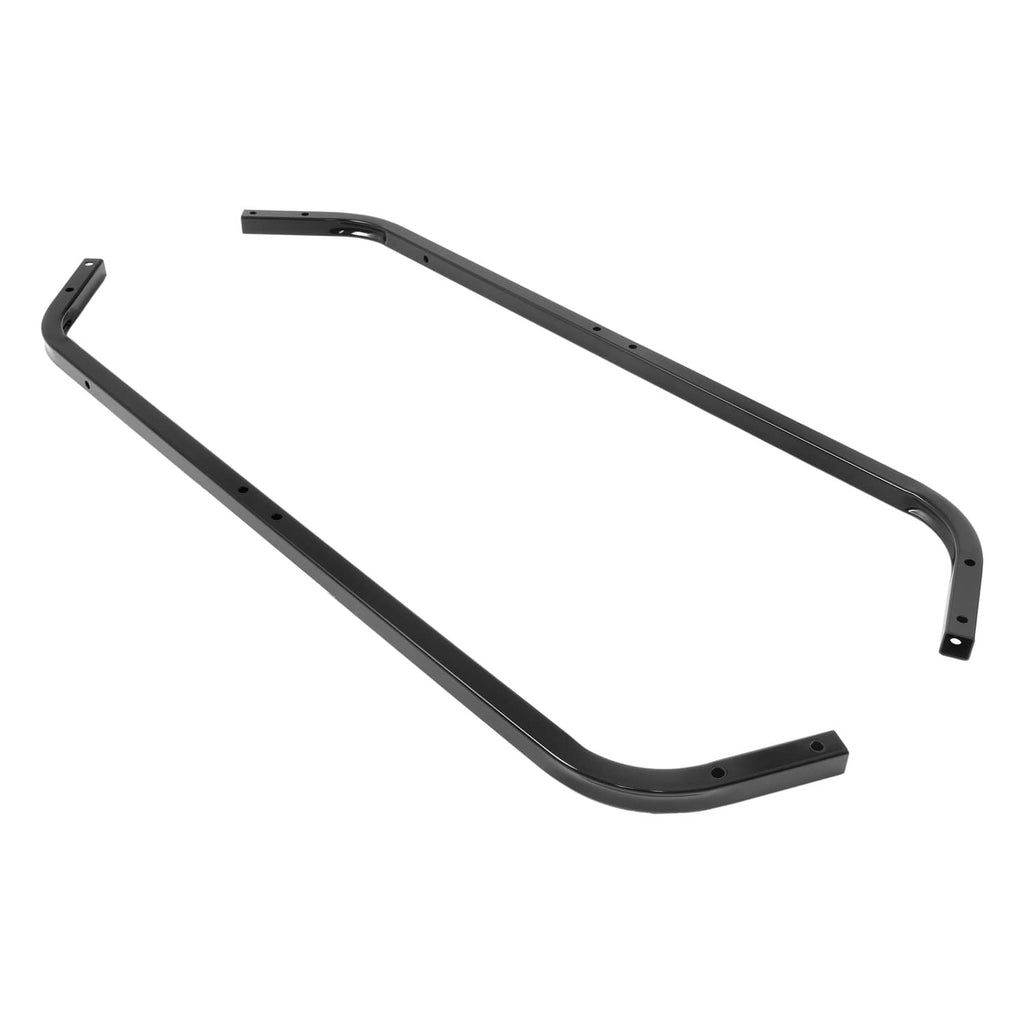 Pair of black curved steel roof support struts with bolt holes for installation