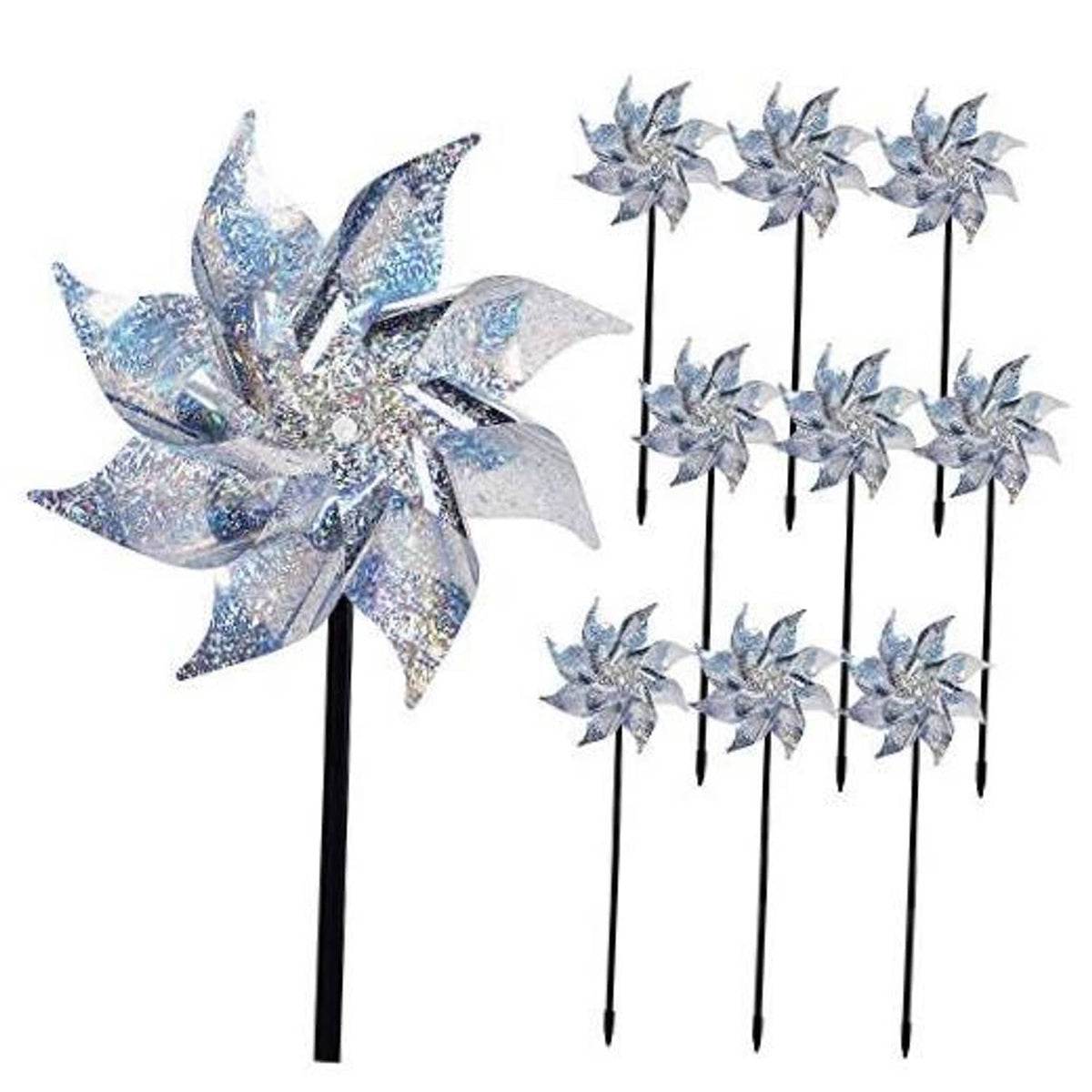 Reflective pinwheel set: silver glitter pinwheels on black stakes, 10-pack