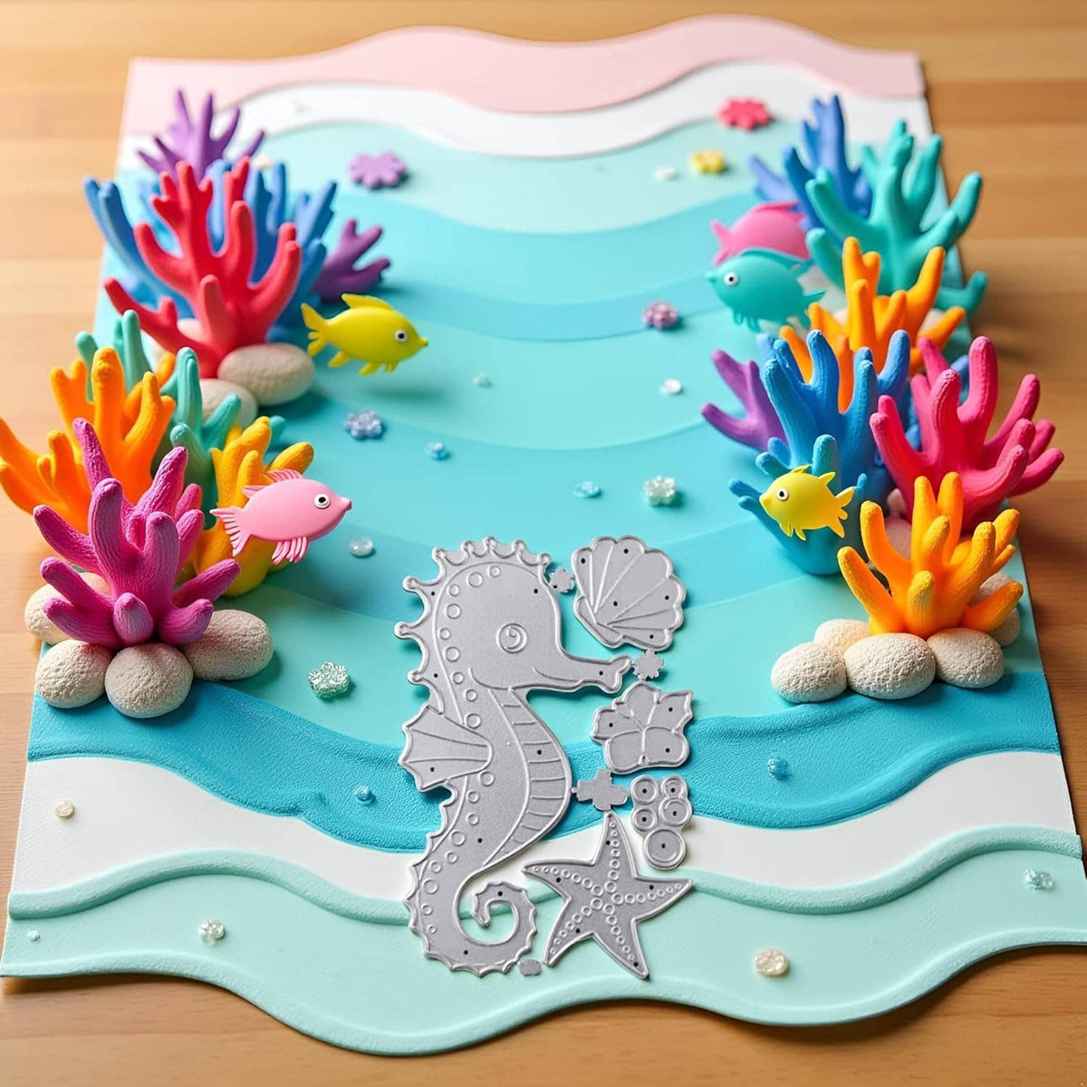 Silver seahorse die-cut on turquoise card with starfish and shell shapes